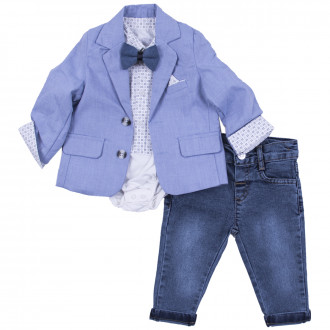 Бебешки официален комплект с боди -риза в син меланж 1