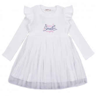 Детска трикотажна рокля "Share smile" в бяло 1
