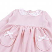 Бебешка плътна рокля с дантела и джобчета в розово 4
