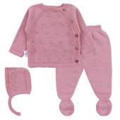 Бебешки комплект от памучно плетиво в опушено розово 2