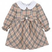 Детска рокля в бежово каре и якичка 2