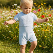 Бебешки ромпър с ажурено плетиво в синьо 4