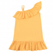 Детска асиметрична рокля с голо рамо в наситено жълто 2