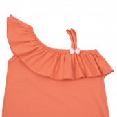 Детска асиметрична рокля с голо рамо в цвят сьомга 3