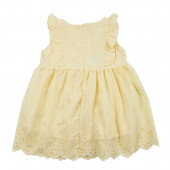Лятна бебешка рокля с къдрички и рязана дантела в жълто 2