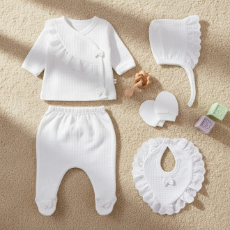 Бебешки комплект от 5 части с панделки в бяло