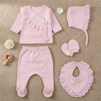 Бебешки комплект от 5 части с панделки в розово