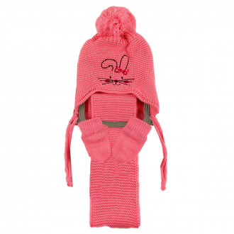 Комплект шал, шапка и ръкавички за момичета със зайче в руж