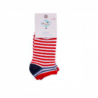Детски къси чорапки тип терлик в червено - бяло райе
