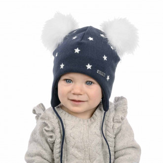 Зимна трипластова шапка с пискюли в тъмносиньо