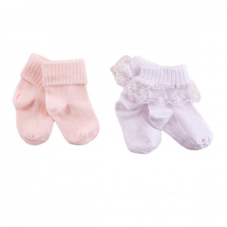 Комплект от два чифта къси чорапки с дантелка в бяло и розово