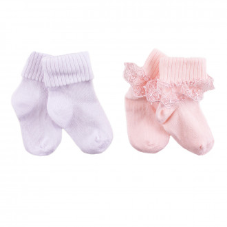 Комплект от два чифта къси чорапки с дантелка в бяло и розово
