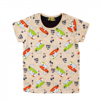 Тениска с щампиран десен "Сърфираща акула" в бежово