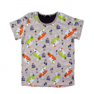 Тениска с щампиран десен "Сърфираща акула" в сиво