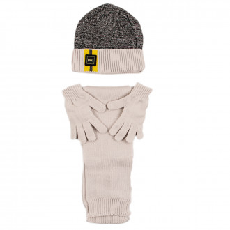 Комплект шал, шапка и ръкавички за момчета в сиво-бежово