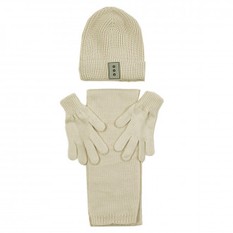 Комплект шал, шапка и ръкавички в светлобежово