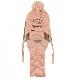Комплект шал, шапка и ръкавички със зайче в праскова