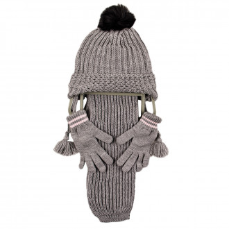 Комплект шал, шапка и ръкавички за момичета в сиво 1
