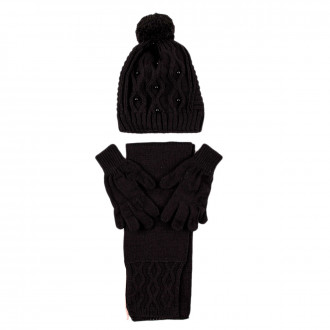 Комплект шал, шапка и ръкавички за момичета с камъчета в черно