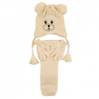 Комплект шал, шапка и ръкавички "Мече" в цвят шампанско