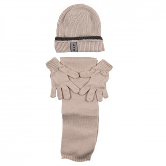 Комплект шал, шапка и ръкавички в бежово и сиво