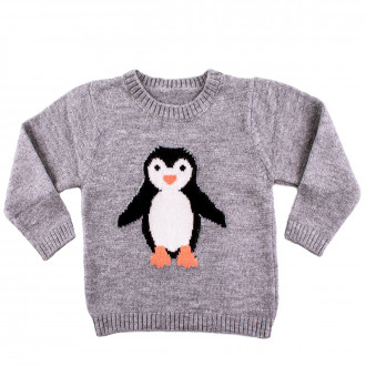 Пуловер с апликация в сив меланж "Пингвин" 1