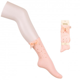 Детски 3/4 чорапки в розово с панделка и камъчета
