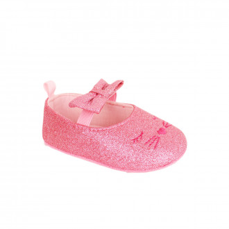 Меки бебешки пантофки от брокат с панделки в опушено розово