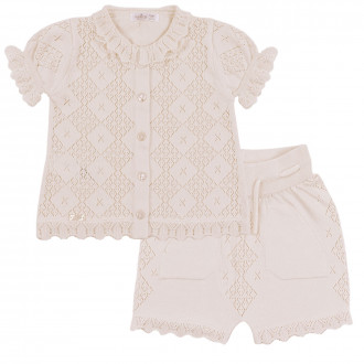 Бебешки комплект от ажурено плетиво в светлобежово