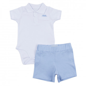 Бебешки комплект с декоративно джобче в бяло и синьо 1