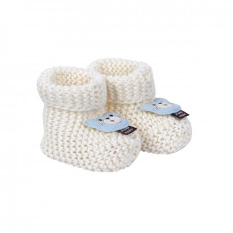 Бебешки плетени терлички "Мечо" в екрю и синьо
