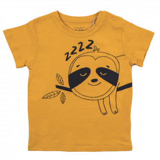 Бебешка памучна тениска "Panda" в цвят охра 1