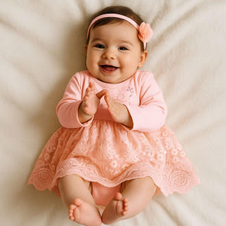 Бебешко боди-рокля с аксесоар в праскова