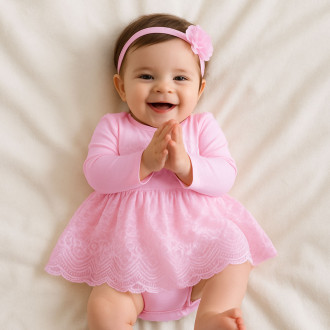Бебешко боди-рокля с аксесоар в розово