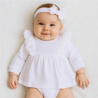 Бебешко ажурено боди-рокля с аксесоар и дантела