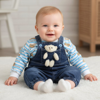 Дънков гащеризон с блуза и аксесоар "Мечо"