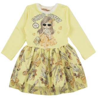 Детска рокля в жълто с принтиран десен 1