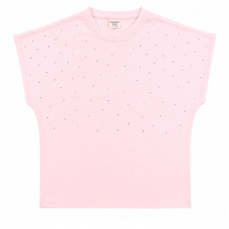 Детска тениска с паднало рамо и камъчета в розово