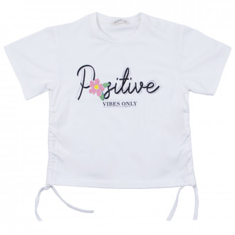 Детска тениска с връзки "Positive" в бяло 1