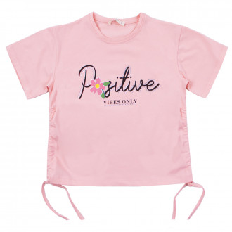 Детска тениска с връзки "Positive" в розово 1