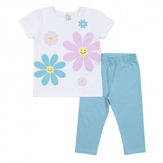 Детски летен комплект с цветя в бяло и синьо 1