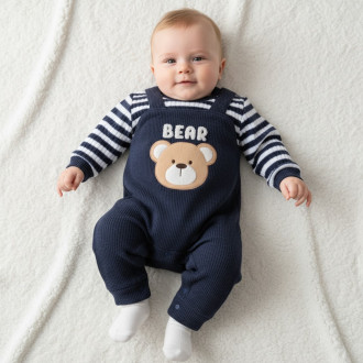 Бебешки плътен ромпър със синьо райе "Bear"