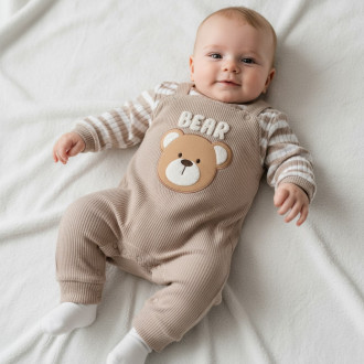 Бебешки плътен ромпър с бежово райе "Bear"