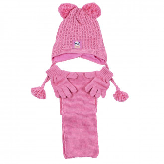 Комплект шал, шапка и ръкавички "Панда" в цвят руж