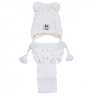 Комплект шал, шапка и ръкавички "Panda girl" в крем