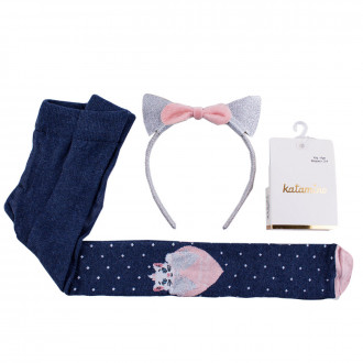 Комплект памучен чорапогащник в синьо и диадема с ушички