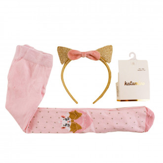 Комплект памучен чорапогащник в розово  и диадема с ушички