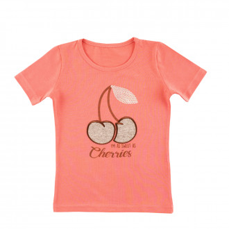 Тениска за момиченца в цвят корал "Черешки"  1