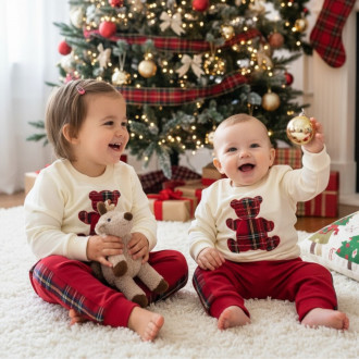 Комплект "Коледно мече" в крем и червено