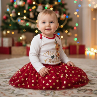 Коледен комплект от боди и поличка в червено и бяло